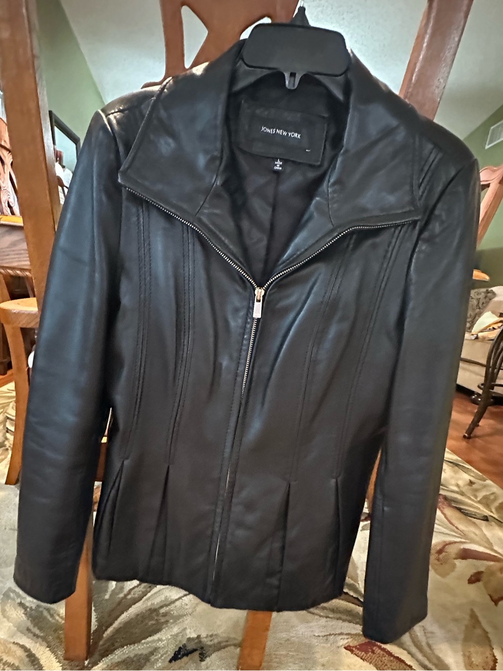 Jones New York Black Leather Zip-Front Jacket